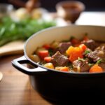 side view of elk stew in a cast iron pot, wooden spoon beside, created with generative ai