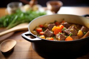 side view of elk stew in a cast iron pot, wooden spoon beside, created with generative ai