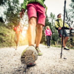 Group of hikers with backpacks and sticks walking on a mountain at sunset - Four friends making an excursion in the nature