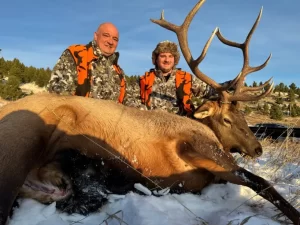 Two people stand behind an elk they successfully hunted